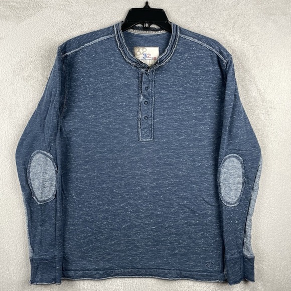 32 Bar Blues Other - 32 Bar Blues Henley Shirt Mens Medium Heather Blue Elbow Patches Long Sleeve